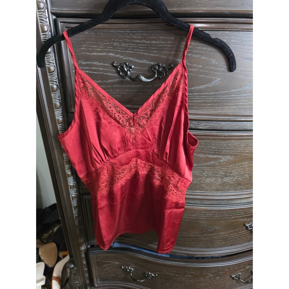 Elan Red Satin Lace Trim Camisole Top Adjustable Straps SL11518 XS